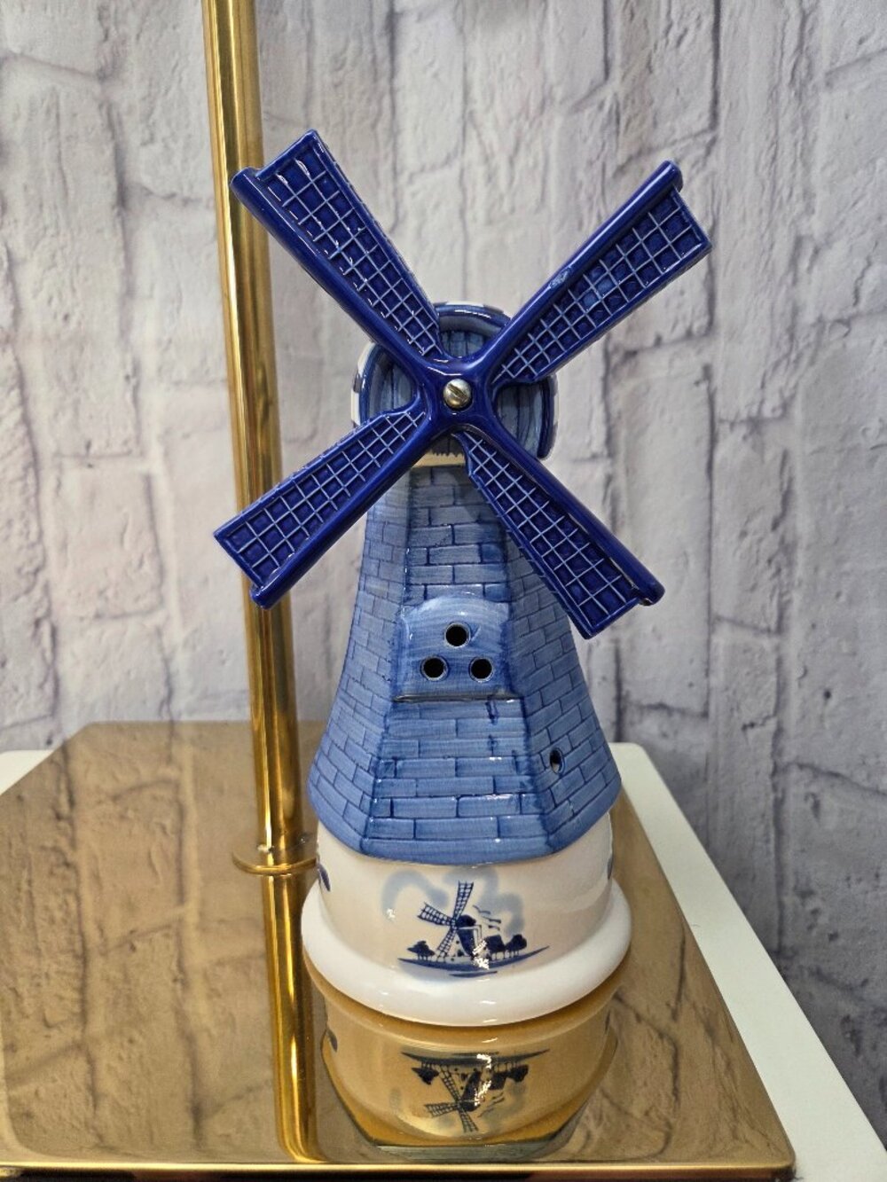Vintage Delft Blue and White Ceramic Windmill with Moveable Blades
